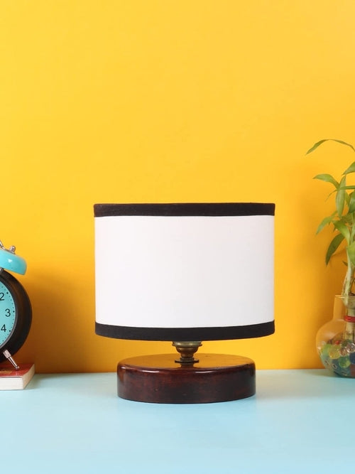 White & Black Cotton Table lamp with Wood Brown Base